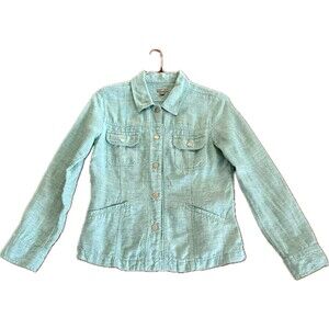 J Jill Women’s Size S 100% Linen Aqua Green Snap Front Spring Jacket